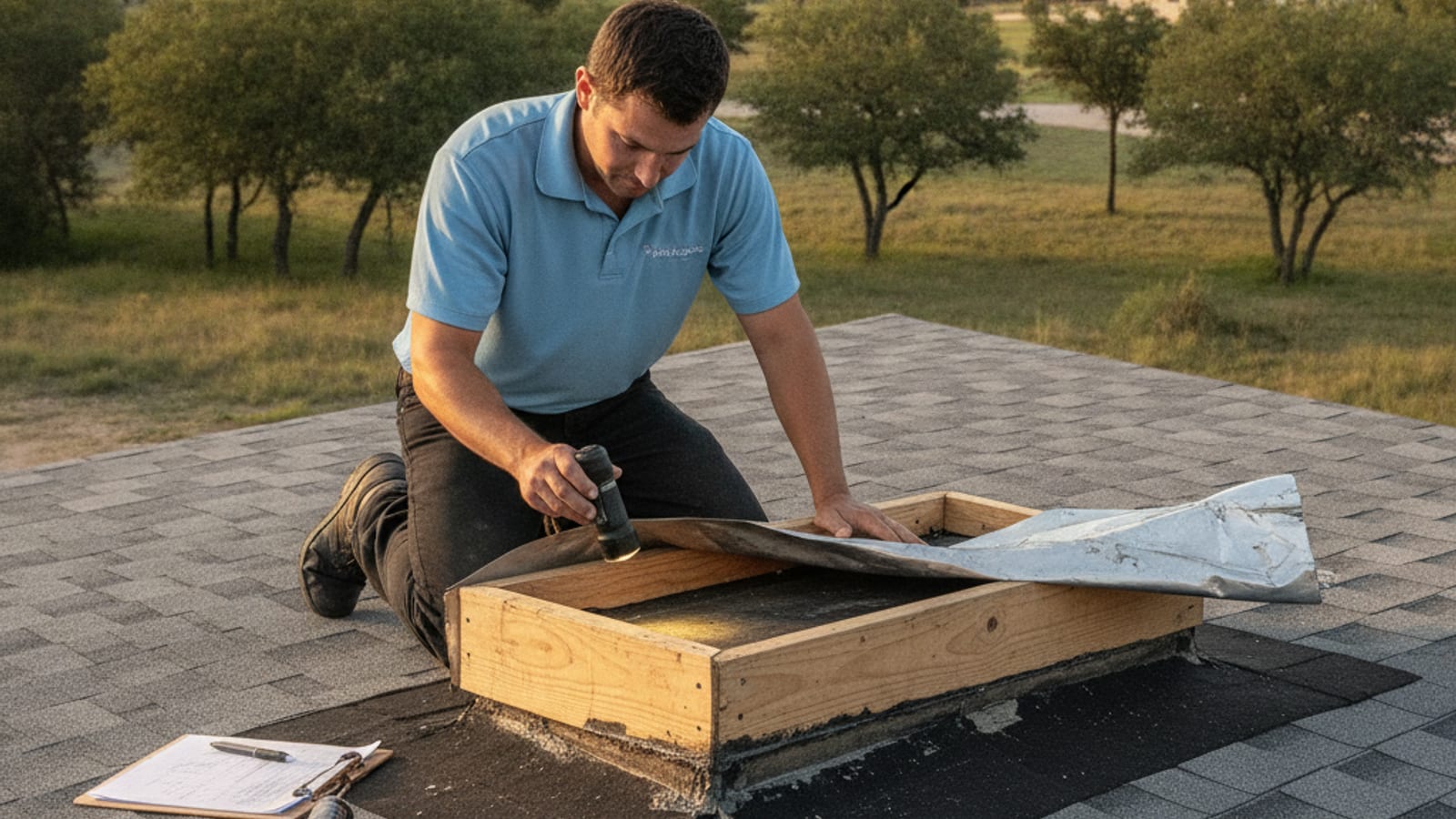 Roofing crew installing new shingles around a skylight opening during an Austin roof replacement