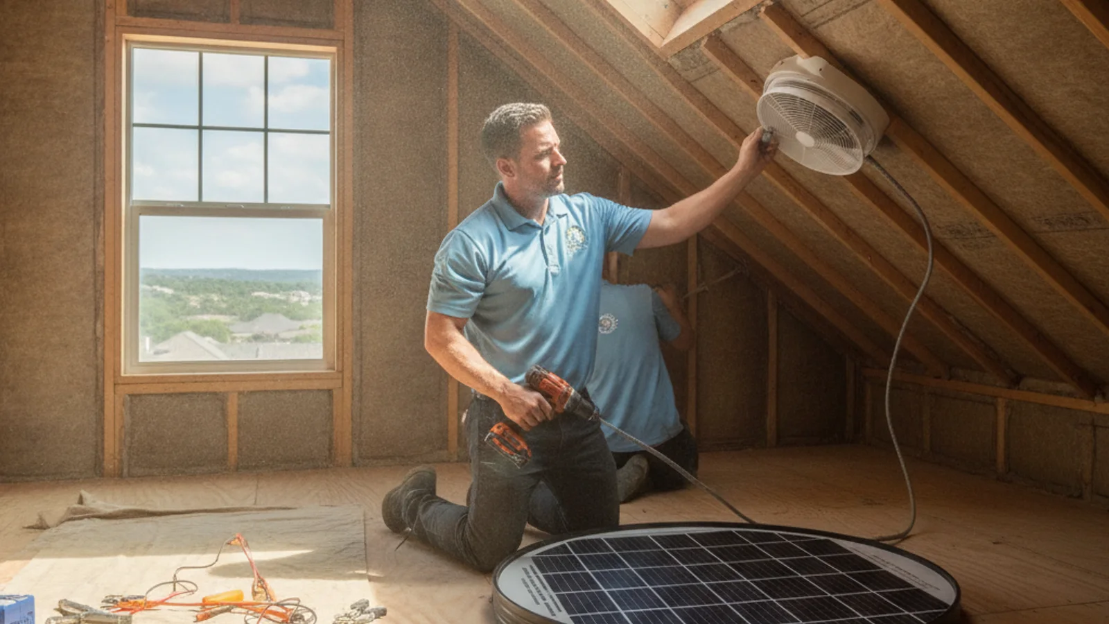 Solar attic fan panel mounted on an Austin composition shingle roof