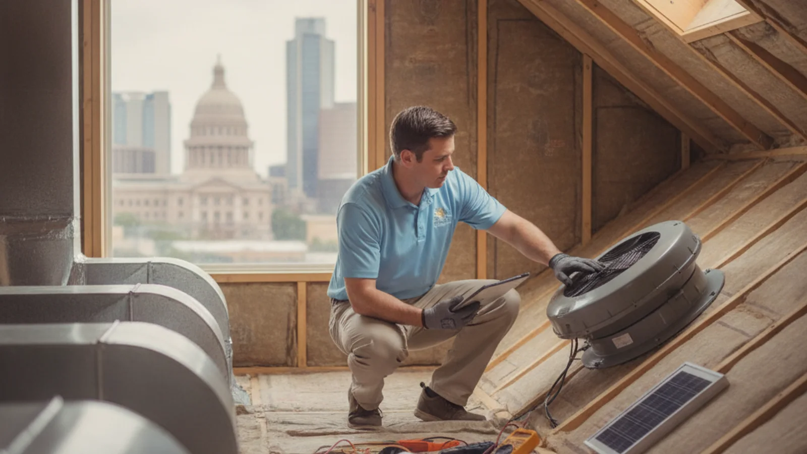 Solar attic fan mounted on an Austin shingle roof with the panel angled toward the sun