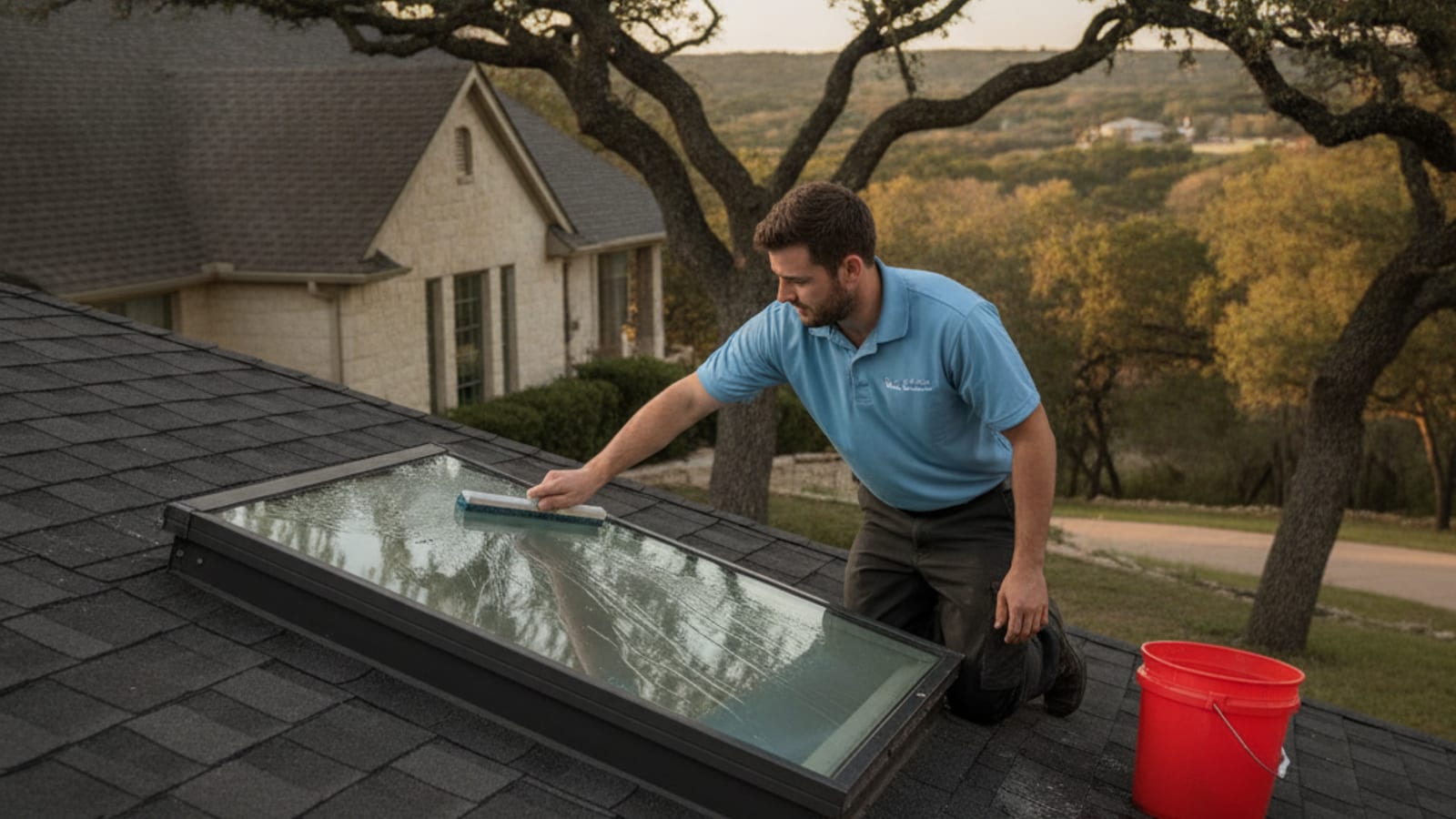 Aerial view of mixed Austin roof types, composition shingle, standing-seam metal, and tile, on neighboring homes