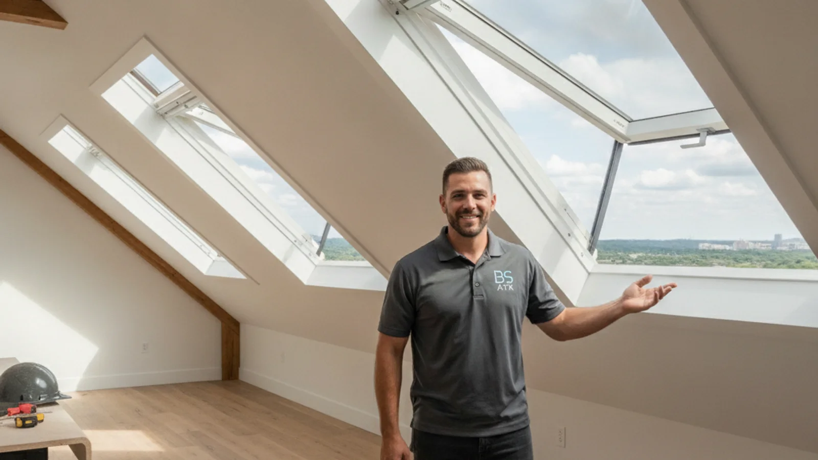 Open roof window providing egress in a converted attic bedroom in an Austin bungalow