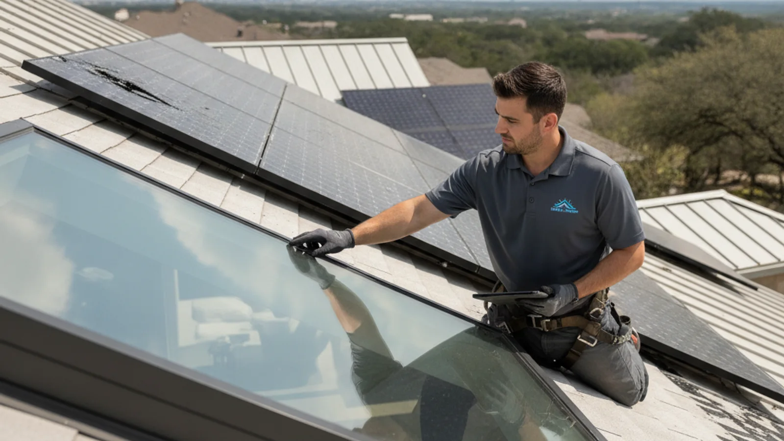 Cracked skylight dome after a hailstorm on an Austin composition shingle roof