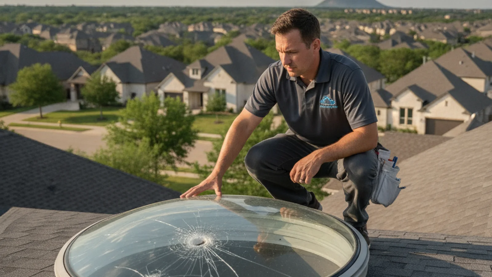 Standing-seam metal roof with a skylight on a Round Rock home after a storm