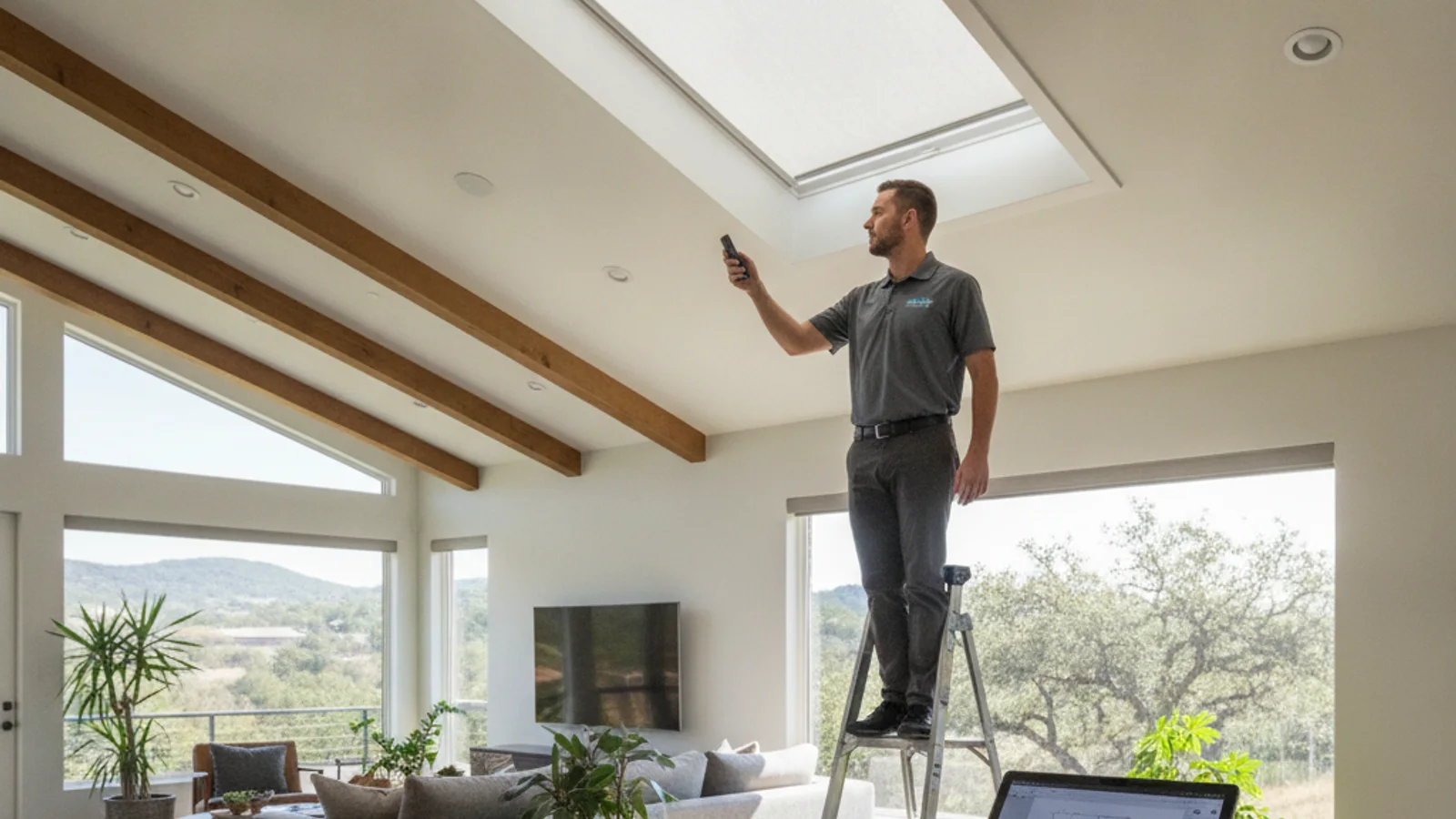 Motorized skylight shade partially closed against afternoon sun in an Austin living room