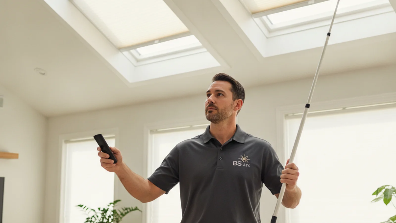 Motorized skylight shade partially closed on a skylight in an Austin living room