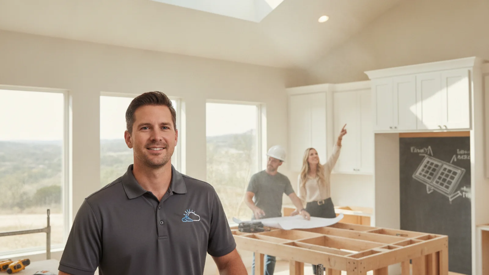 Open ceiling framing during an Austin kitchen remodel with a skylight opening marked for a new roof penetration