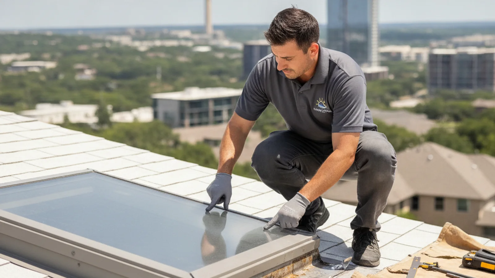 Technician inspecting skylight flashing at the roofline during a repair visit in Austin