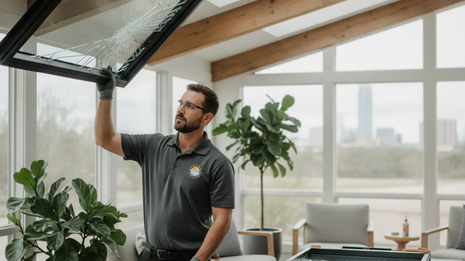 Cracked skylight glazing pane being inspected before replacement in an Austin home