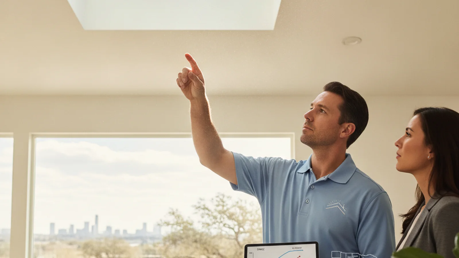 Low-e glazed skylight glass catching direct sun on an Austin roof at midday