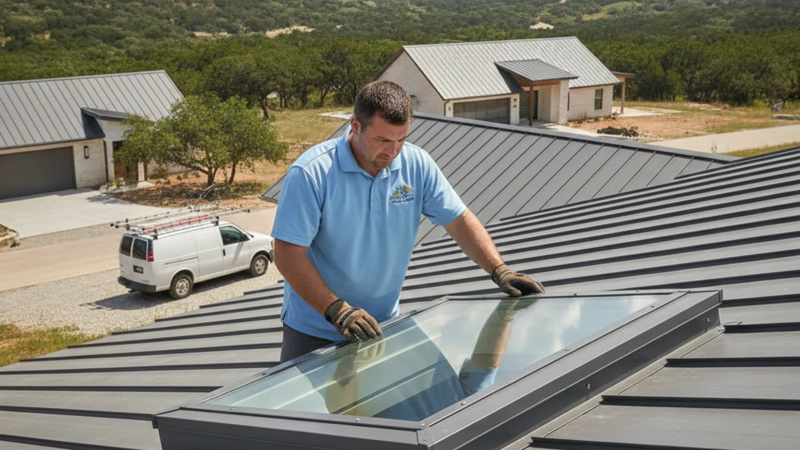 Steep standing-seam metal roof on a custom Hill Country home near Dripping Springs