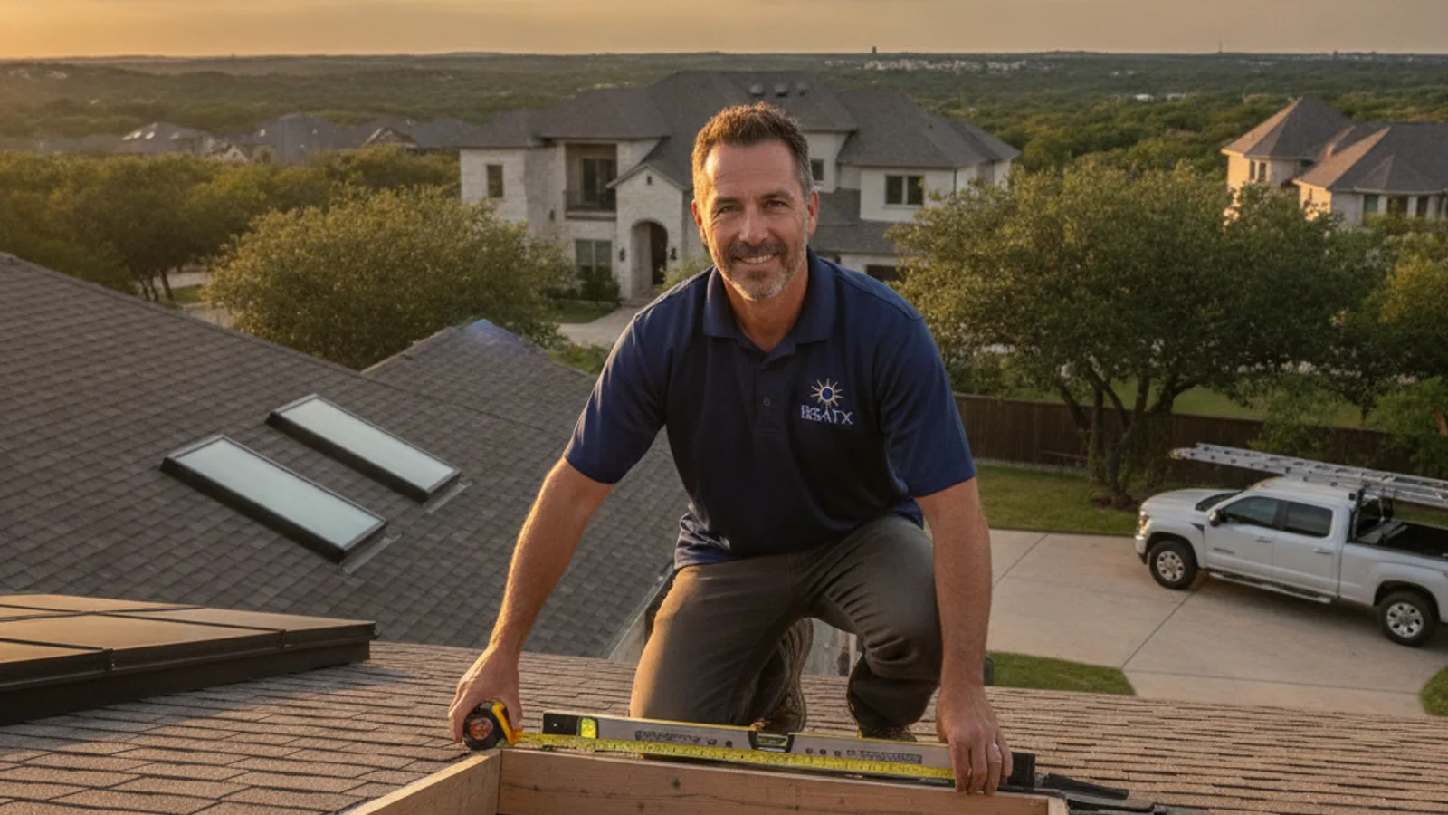 Ranch-style rooftop with a skylight in a Southwest Austin master-planned community
