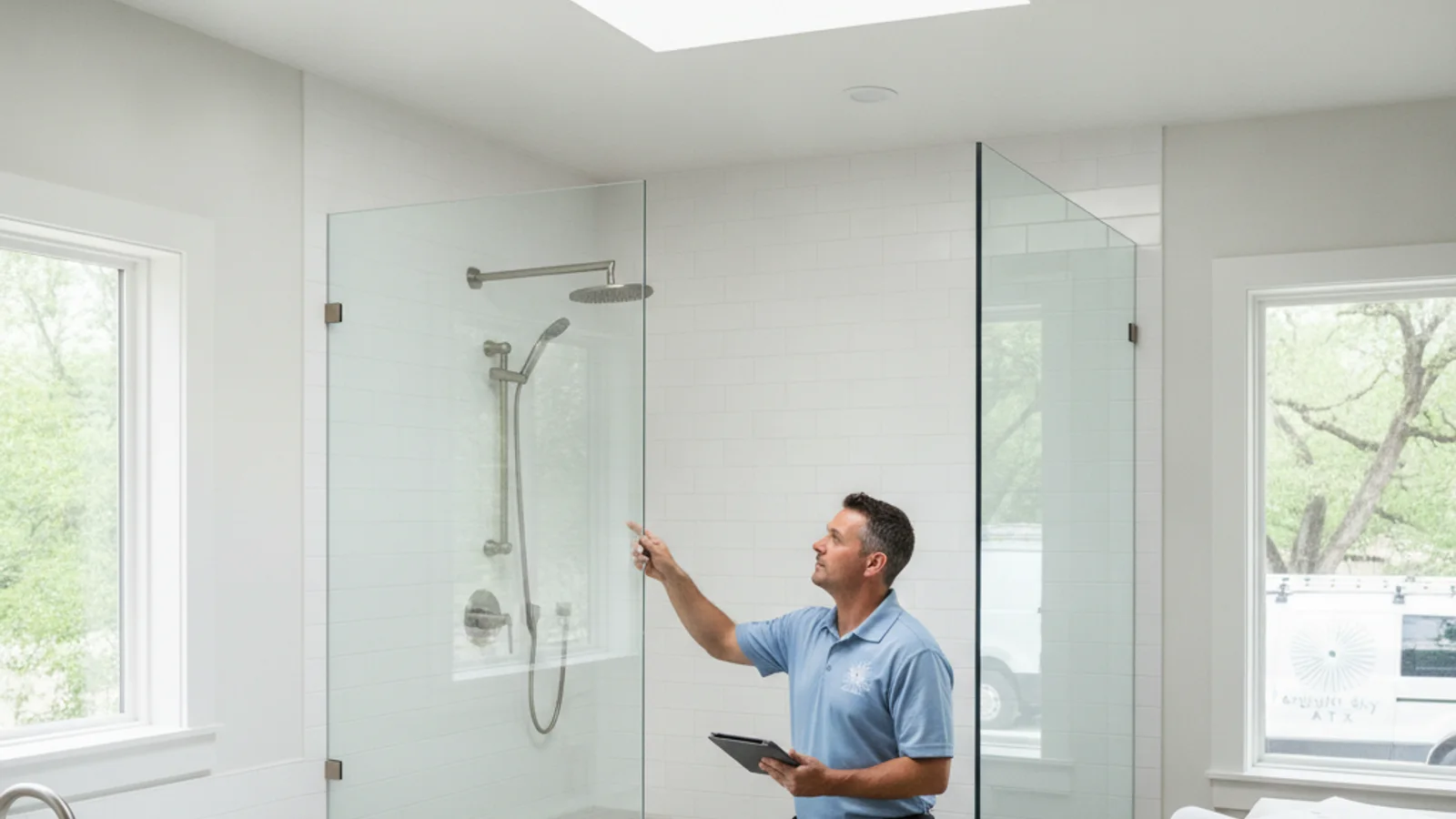 Skylight positioned above a walk-in shower in a renovated Austin bathroom
