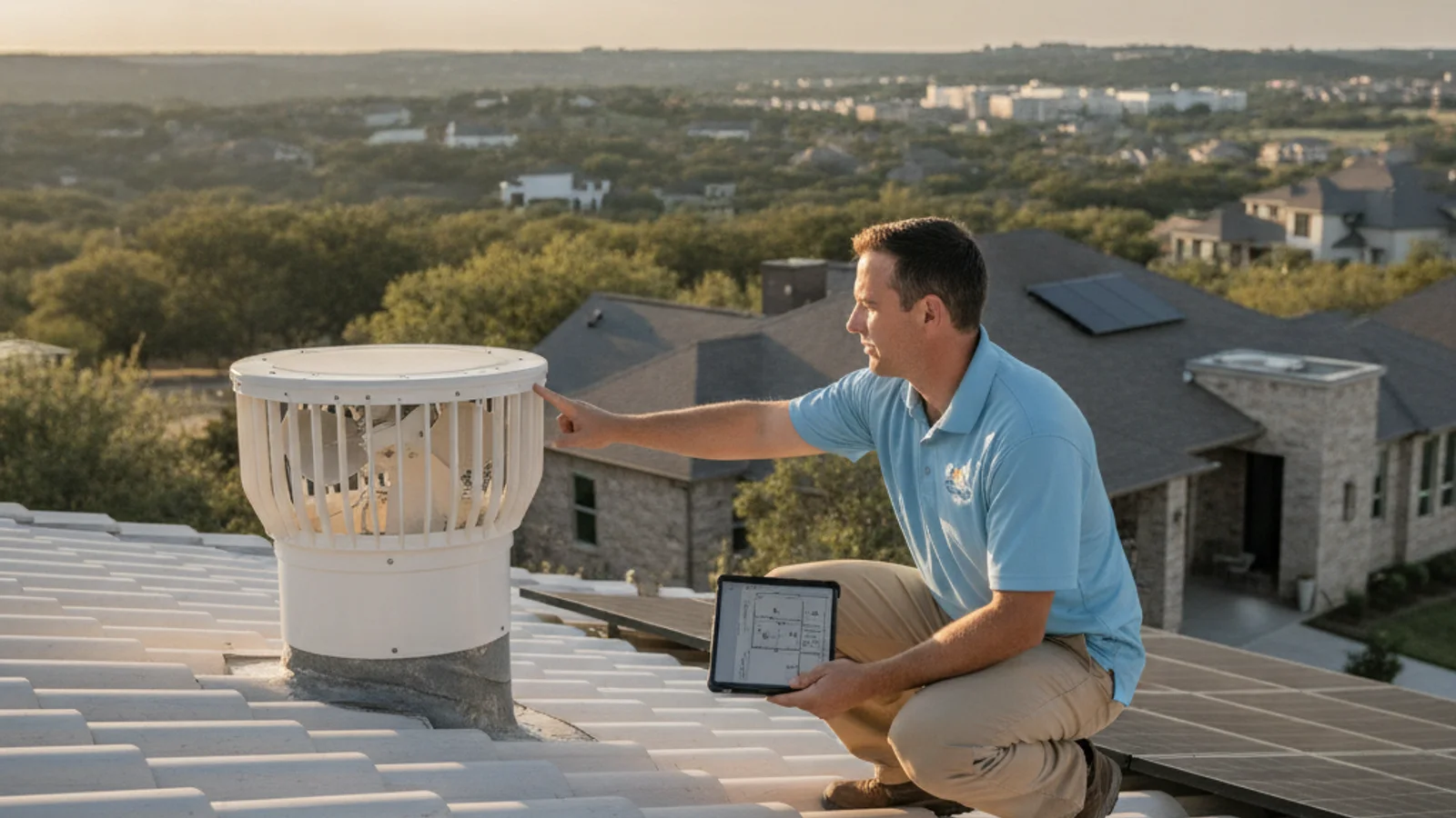 Solar panel and fan housing mounted on an Austin composition shingle roof