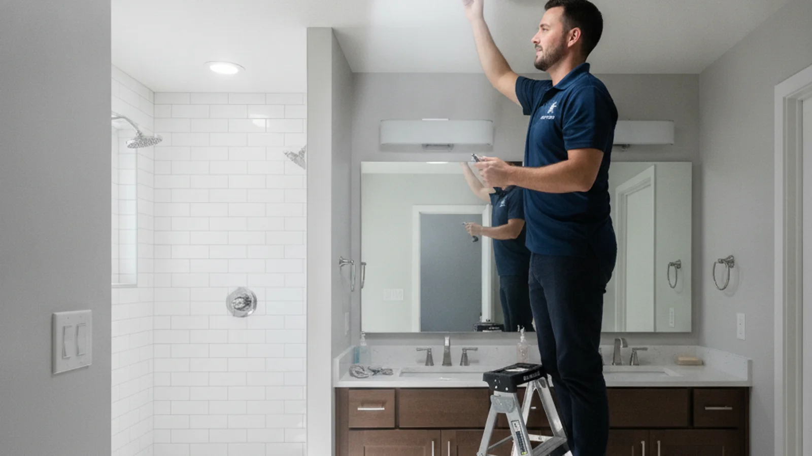 Sun tunnel diffuser bringing daylight into a windowless Austin bathroom