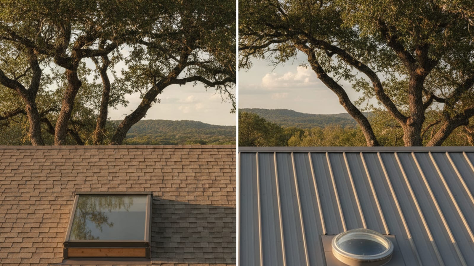 Side by side view of a tubular solar tube dome and a traditional flat glass skylight on an Austin composition shingle roof