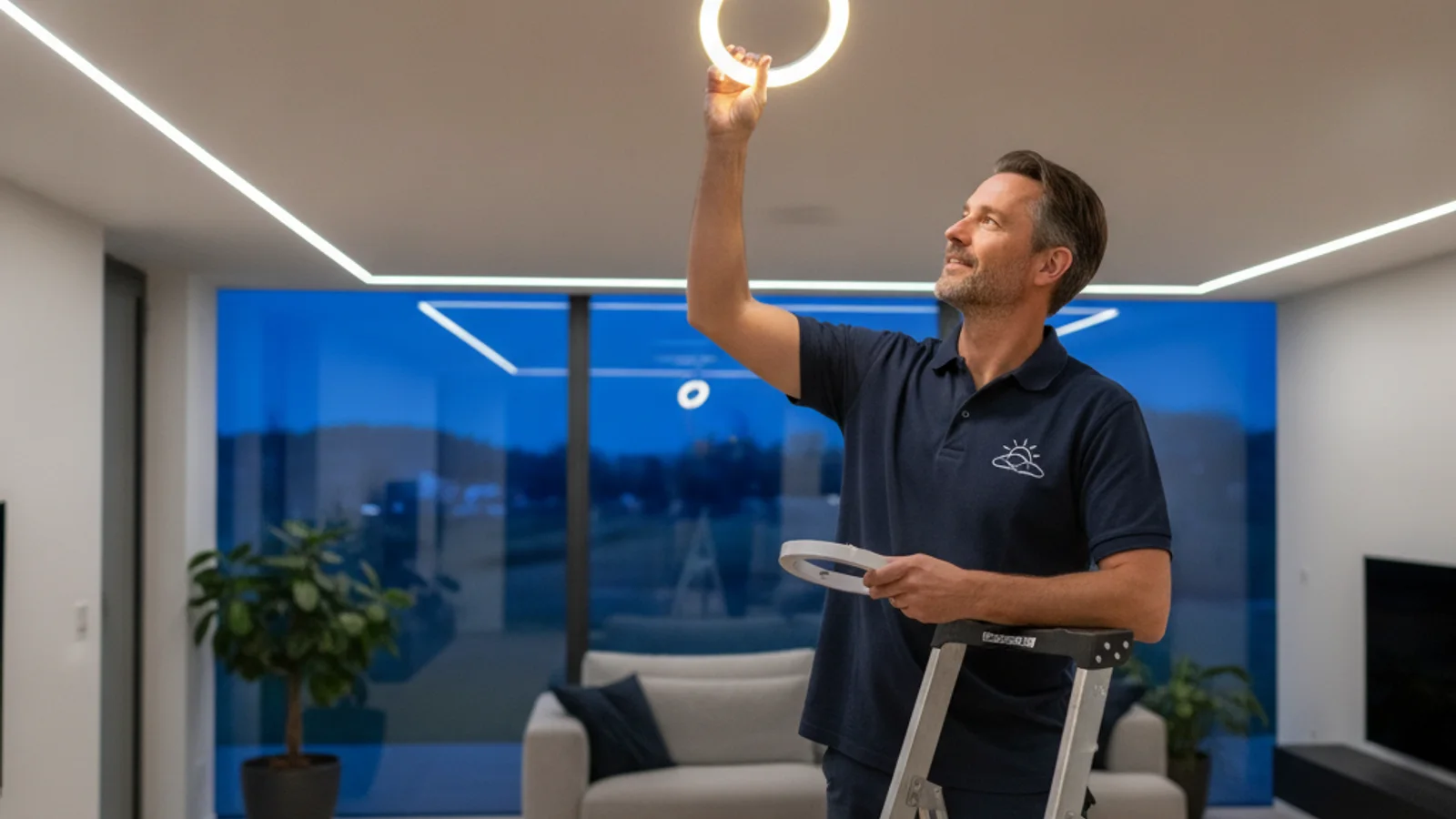 Ceiling diffuser of a sun tunnel with an integrated light kit fixture at dusk