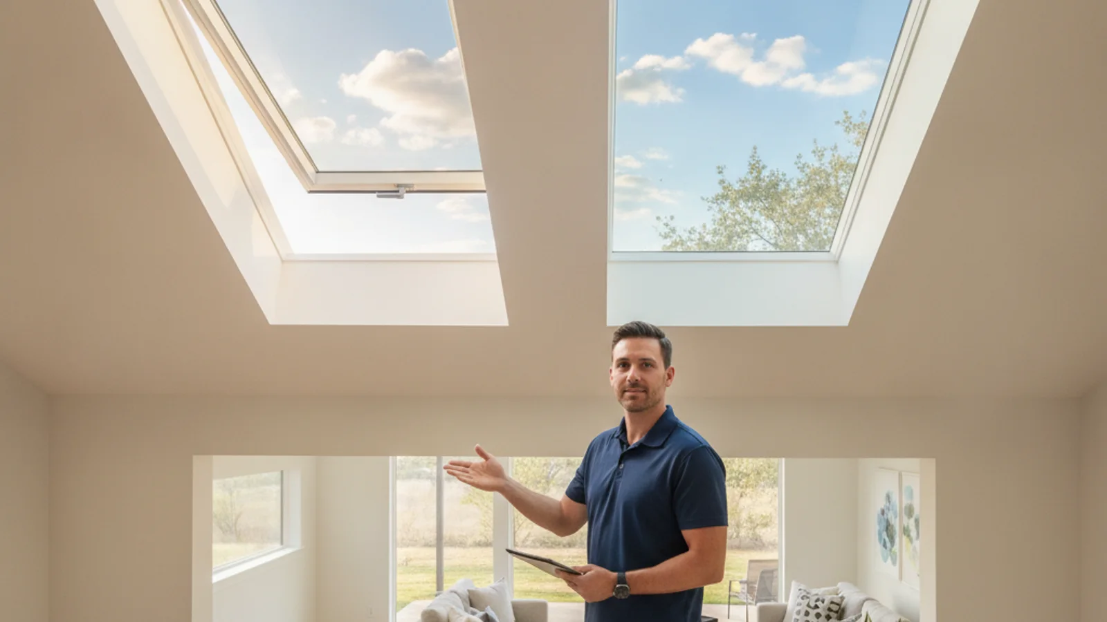 Open vented skylight above a kitchen ceiling letting in daylight and fresh air