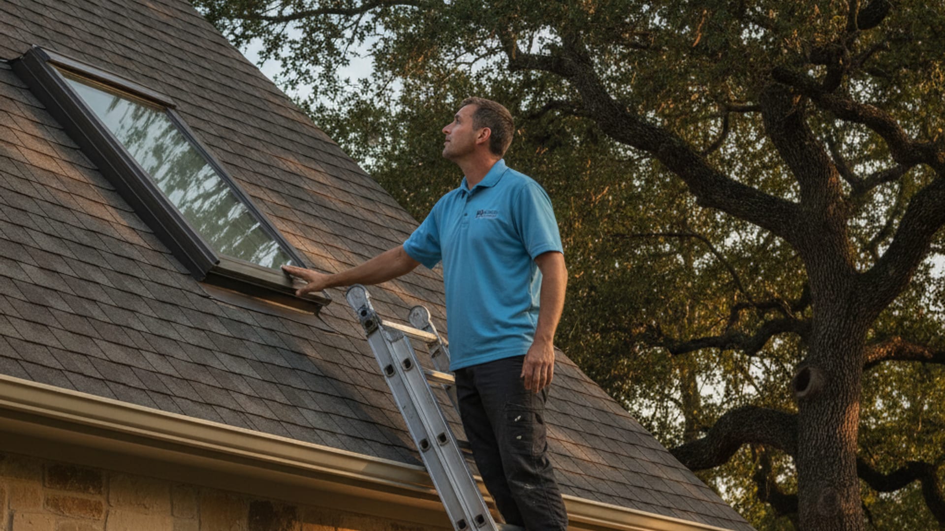 Crew member inspecting roof flashing around a skylight on an Austin home in afternoon light
