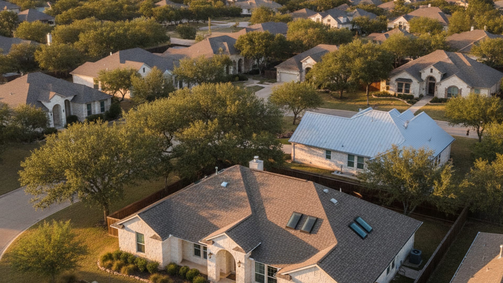 Aerial view of an Austin metro residential neighborhood with sunlight hitting composition shingle rooftops at golden hour