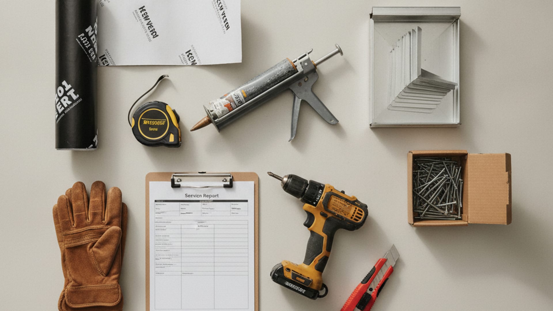 Overhead flat-lay of skylight installation tools including a caulking gun, tape measure, flashing, and glazing samples on a clean work surface