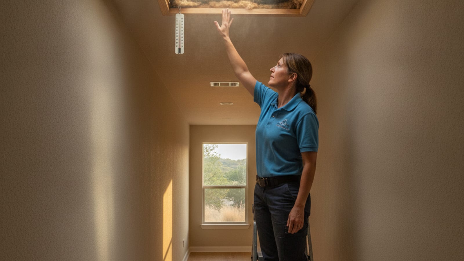 Soffit vent opening under a roof eave on a Texas home, part of an attic ventilation system