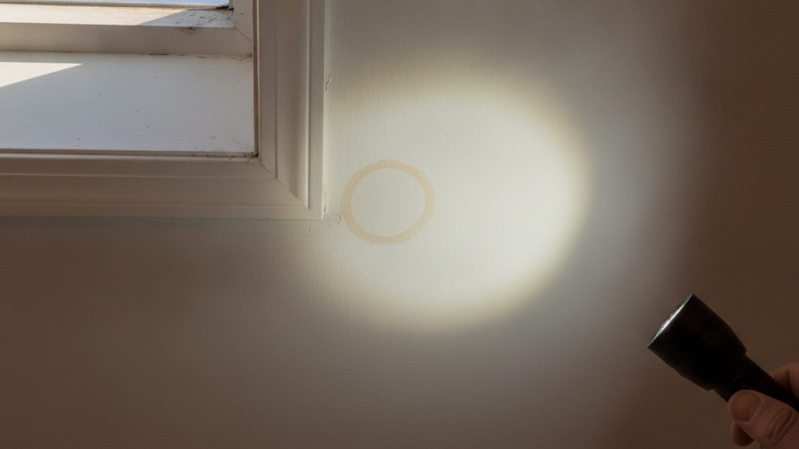 Close-up of water staining around a skylight shaft on an interior ceiling, an early sign of a flashing leak