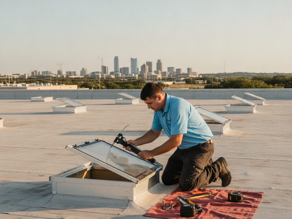 Rows of unit skylights installed across a low-slope commercial warehouse roof deck