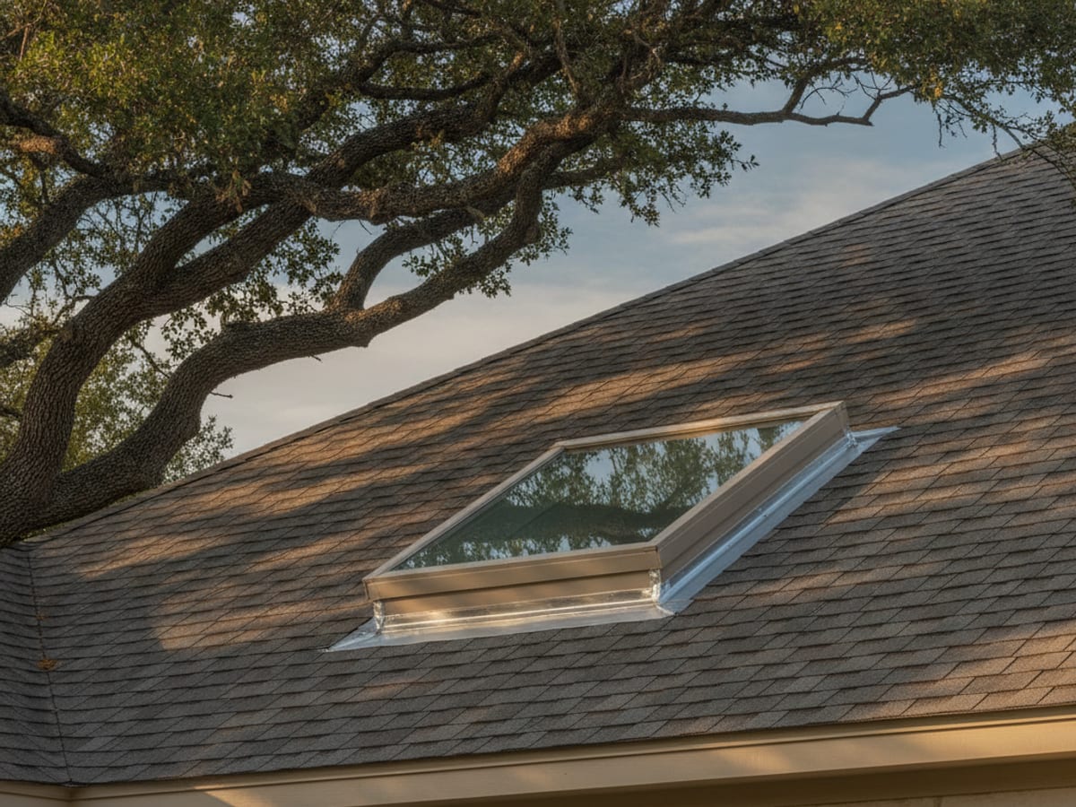 Installer setting a curb-mounted skylight into a newly framed roof opening