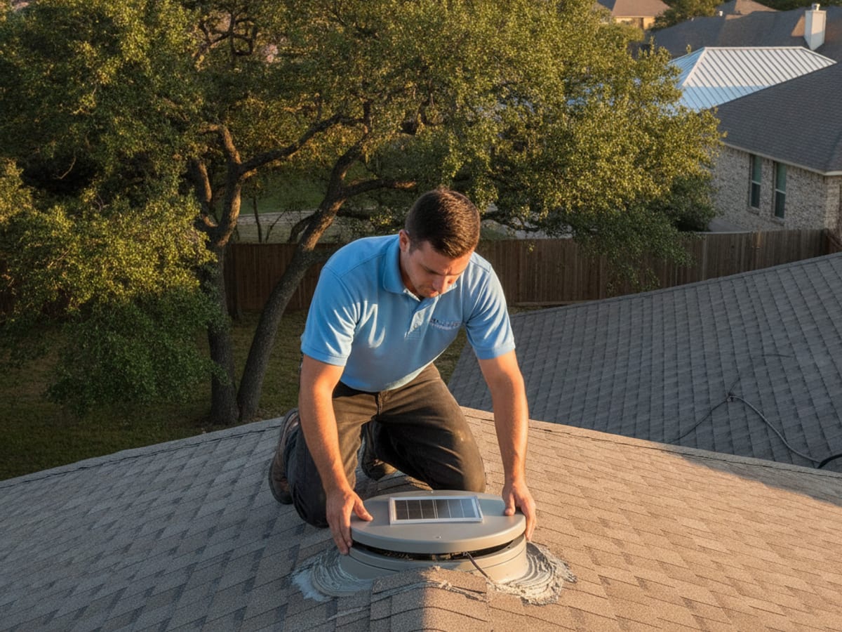 Solar-powered attic fan with integrated panel mounted on a composition shingle roof