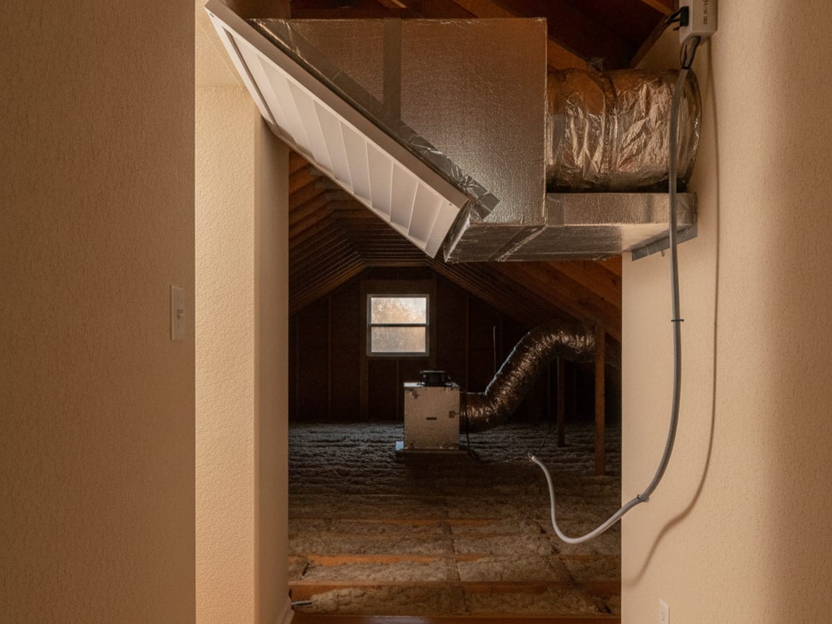 Whole house fan mounted in a hallway ceiling with the grille open, attic ductwork visible above